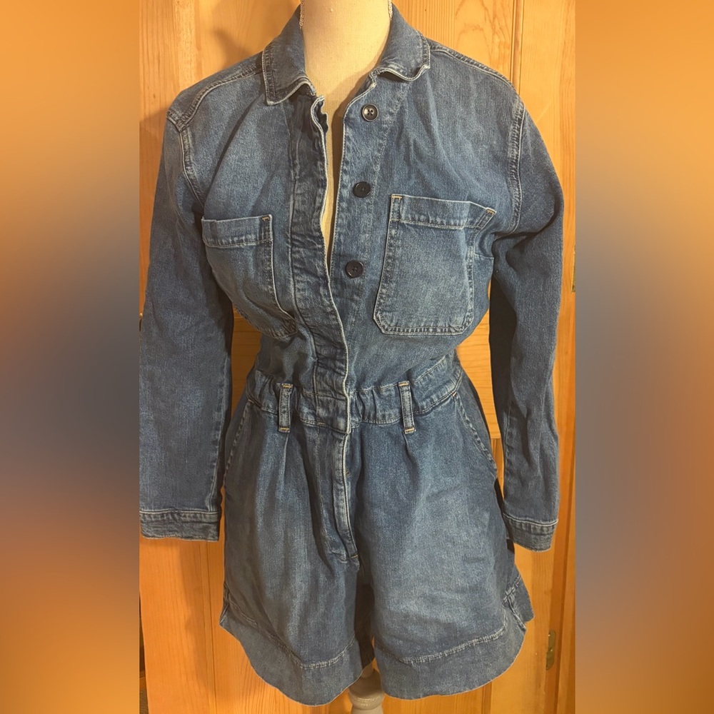 GAP Denim Jean Overall Romper in Medium Blue